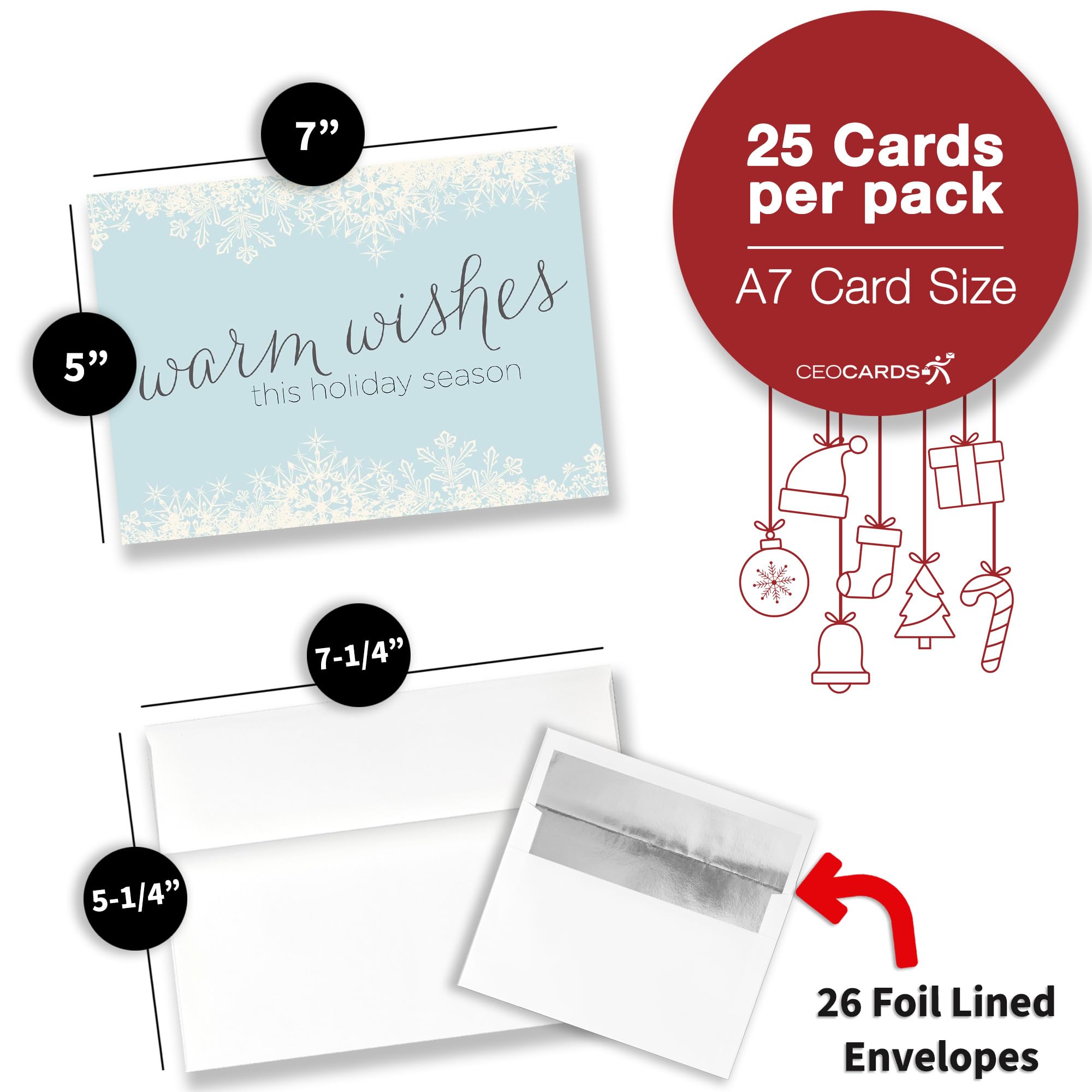 Tarjetas de felicitación navideñas H1507. Tarjeta de felicitación de negocios con diseño de deseos cálidos y copos de nieve. El juego de caja tiene 25 tarjetas de felicitación y 26 sobres blancos con