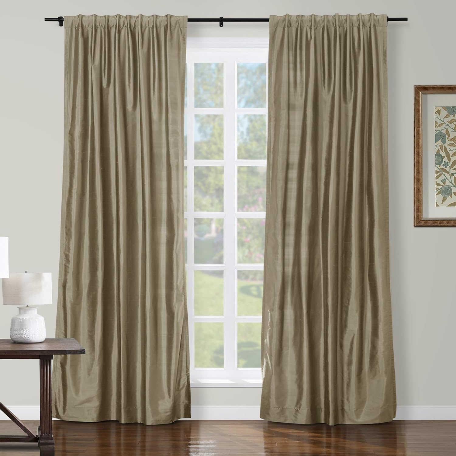 ChadMade 100% Dupioni Silk Curtain Elegant Lightweight Textured 96 Inches Long Cotton Lined Drape for Living Room Window Treatment 50Wx96L, 1 Panel, Fog