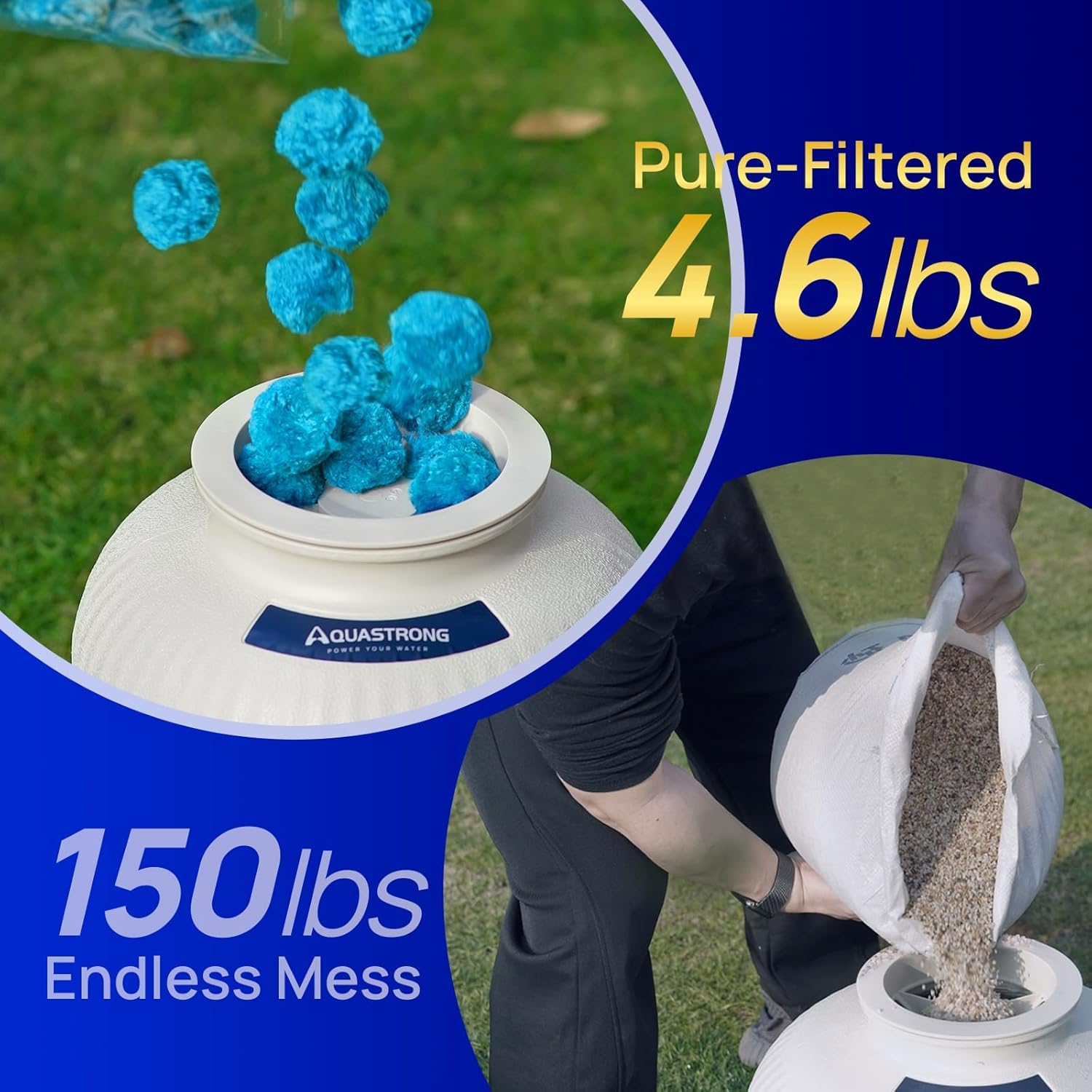AQUASTRONG Pool Filter Balls for Sand Filter Pump, 4.6 lbs Reusable Sand Filter Balls (Replaces 150 lbs Pool Filter Sand), Efficient Stone Blue Filter Balls for Swimming Pools, Filter Pumps, Aquariums