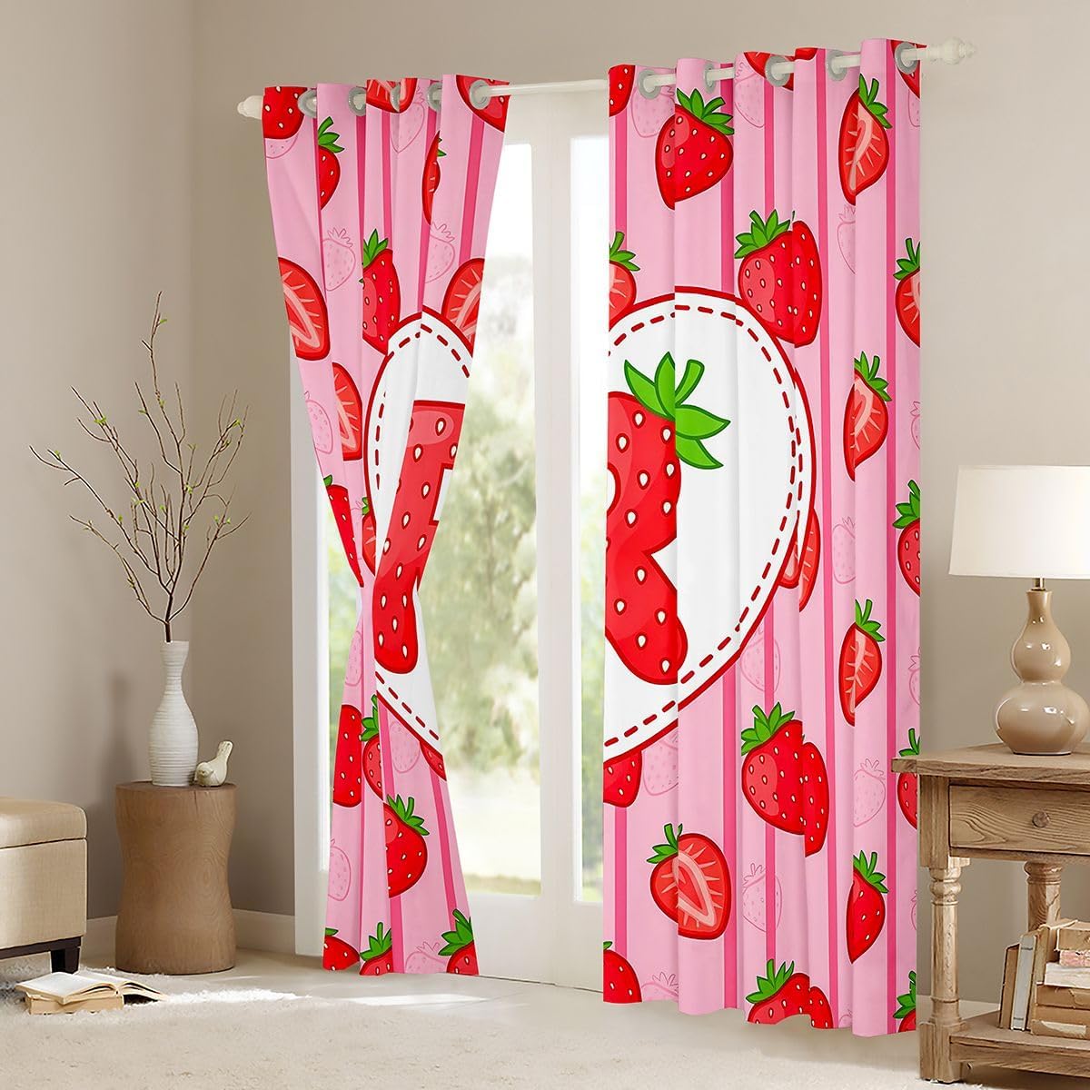 Feelyou Strawberry Blackout Curtains Personalized Initial R Darkening Drapes for Bedroom Living Room Decor Kawaii Strawberries Thermal Insulated Shades Window Treatments, 2 Panels 38 x 45 Inch image 3