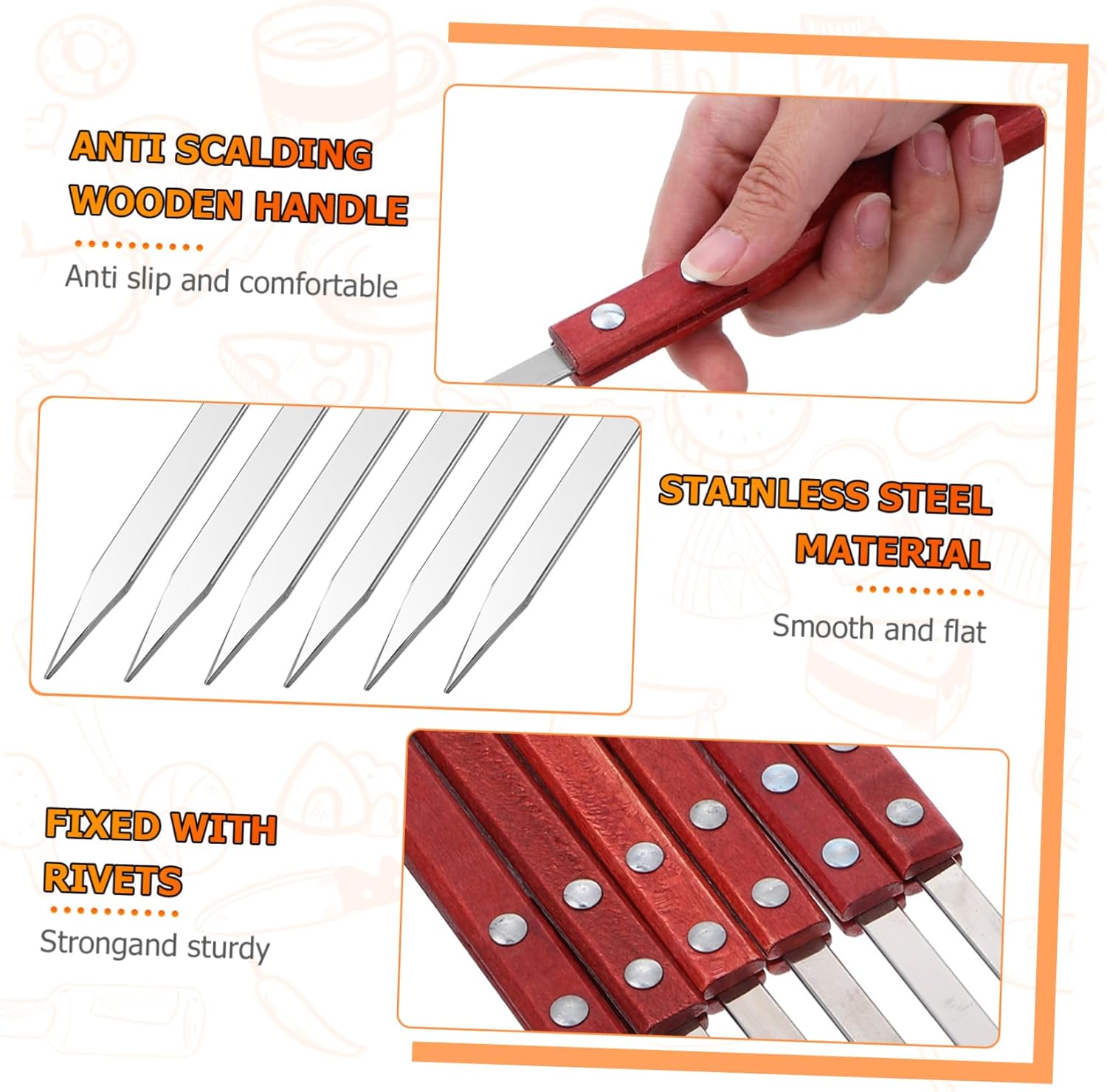 Happyyami 24pcs Stainless Steel Flat Skewers Wooden Handles Barbecue Skewers for Grilling Meat Vegetables and Kebab Easy to Clean