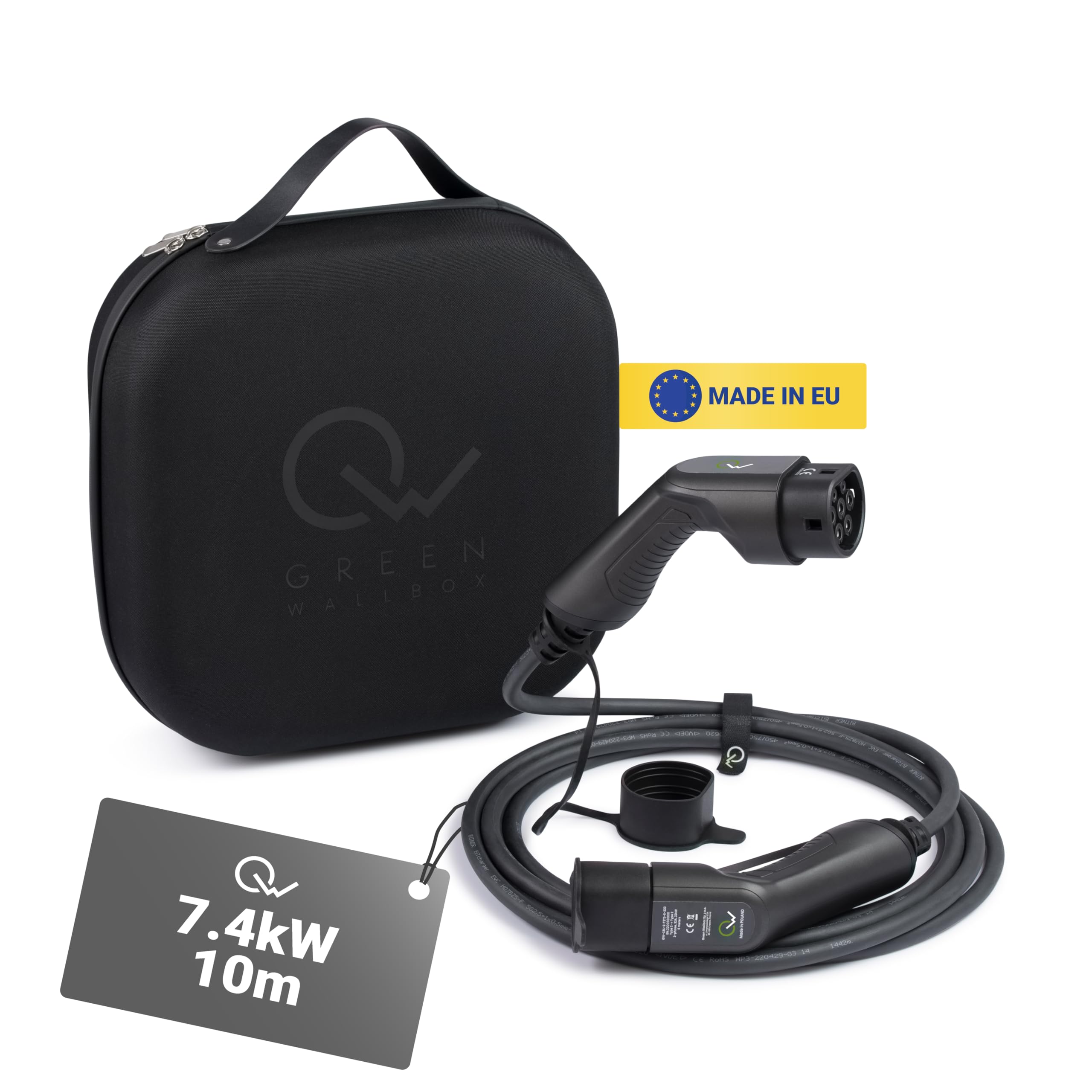 Green Wallbox - EV Charging Cable Type 2 for Electric Cars - 10 Metres 7.4kW - Portable Home Fast Charger - With Hard Case - Charging Cable for Electric Vehicles - Waterproof - Heat Resistant