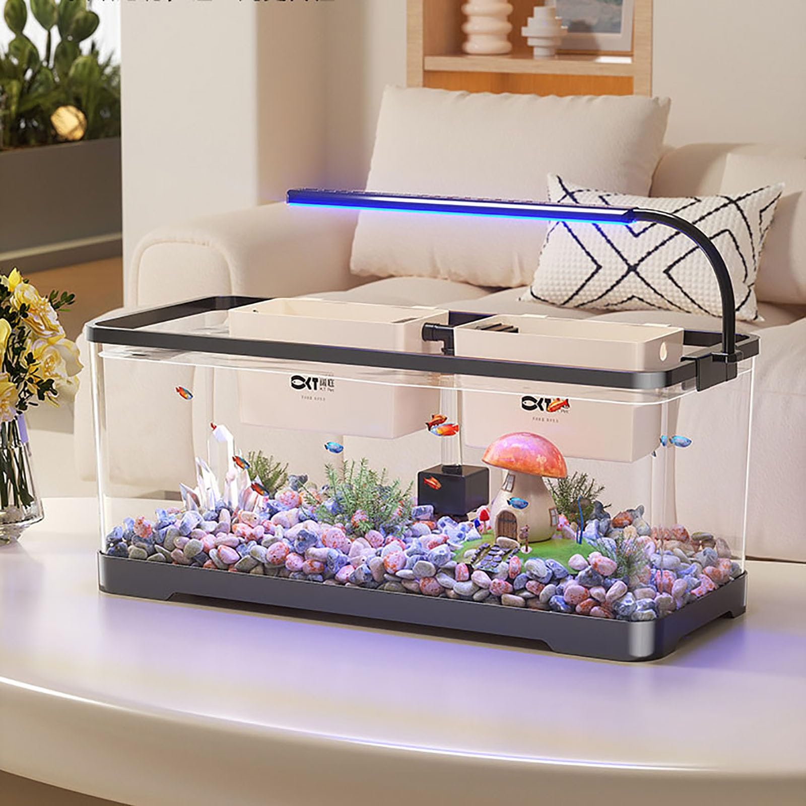 Kit Complet D'aquarium De Bureau, Kit Complet avec Lampes LED, Pompe À Air, Système De Filtration pour Crevettes Poissons Rouges Tortues(L)