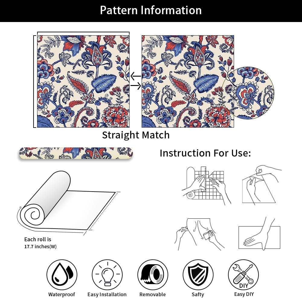 18"x236" Vintage Blue/Red Floral Feather Peel and Stick Self Adhesive Wallpaper Removable Contact Paper Stick on Easy Peel Off Wall Paper for Kitchen Bedroom Bathroom Renter