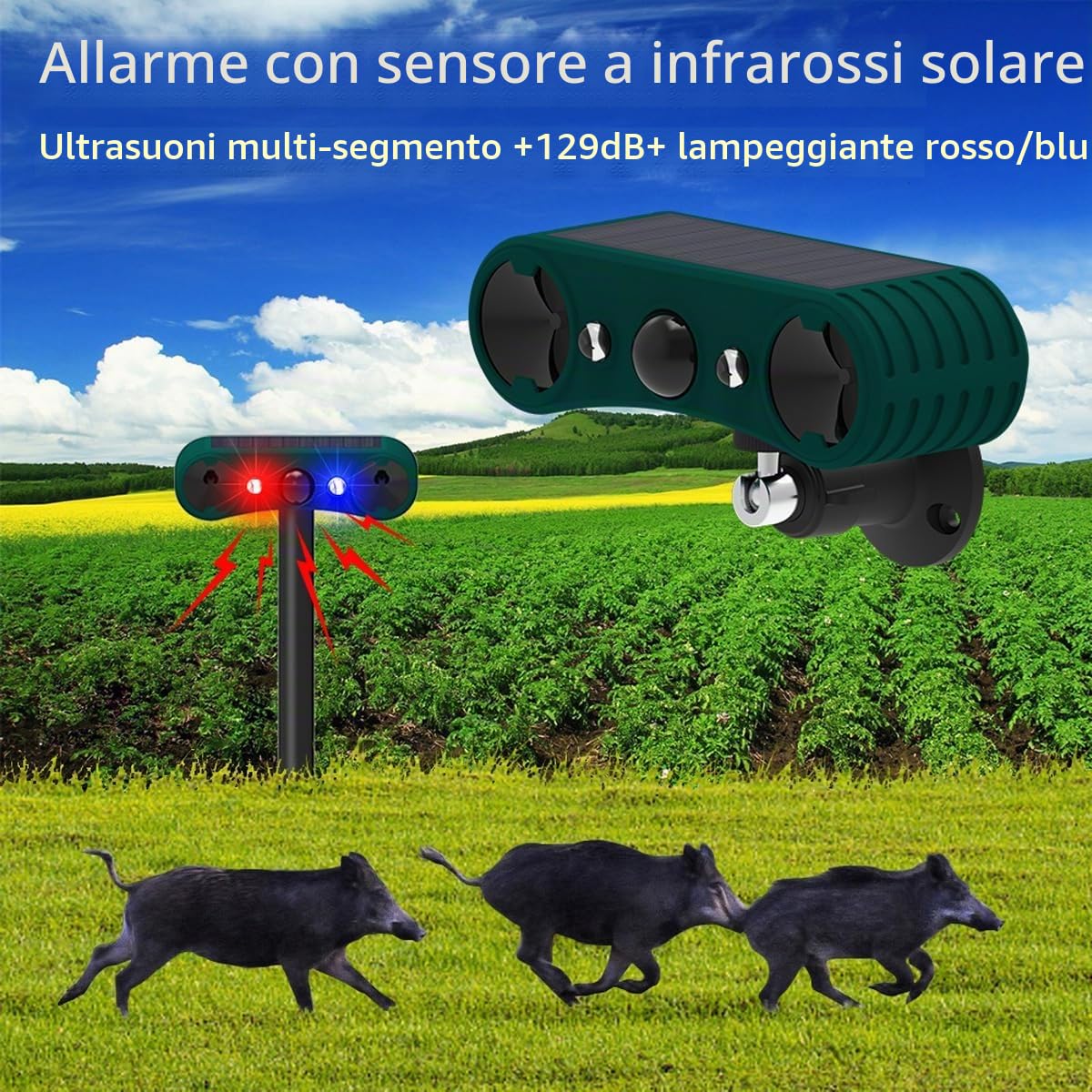 2 PEZZI Solare allarme sensore di movimento da esterno, 2 * 130dB | Dispositivo deterrente a ultrasuoni,IP65, 4 modalità, rosso e blu movimento trigger luce stroboscopica, Per il giardino