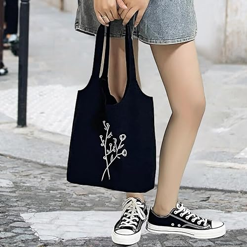 Miniatura 3 de KIEKIECOO Bolsa de lona negra estética personalizada personalizada reutilizable bolsas de comestibles florales arte compras bolsa de hombro