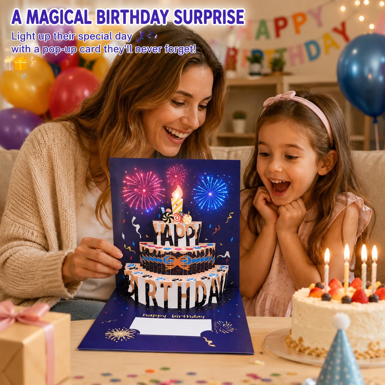 Tarjetas de cumpleaños con diseño de fuegos artificiales, luces, música y sonido de fuegos artificiales en 3D, tarjetas de cumpleaños emergentes con sobre y etiqueta para notas, luz y música soplables