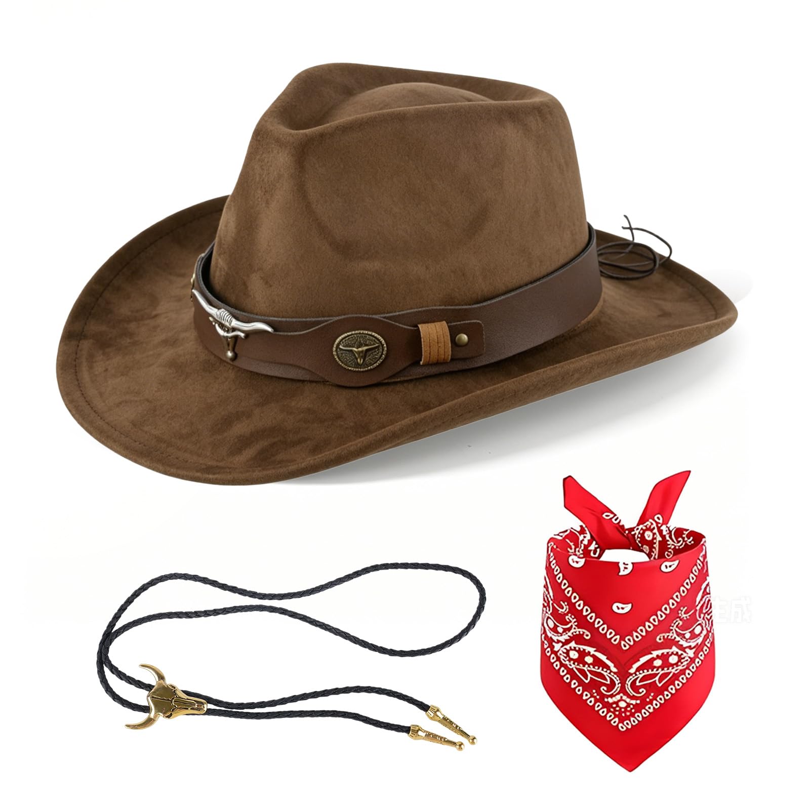 3Pcs Western Cowboy Accessories Set, Hat Bandana Necklace Costume Kit