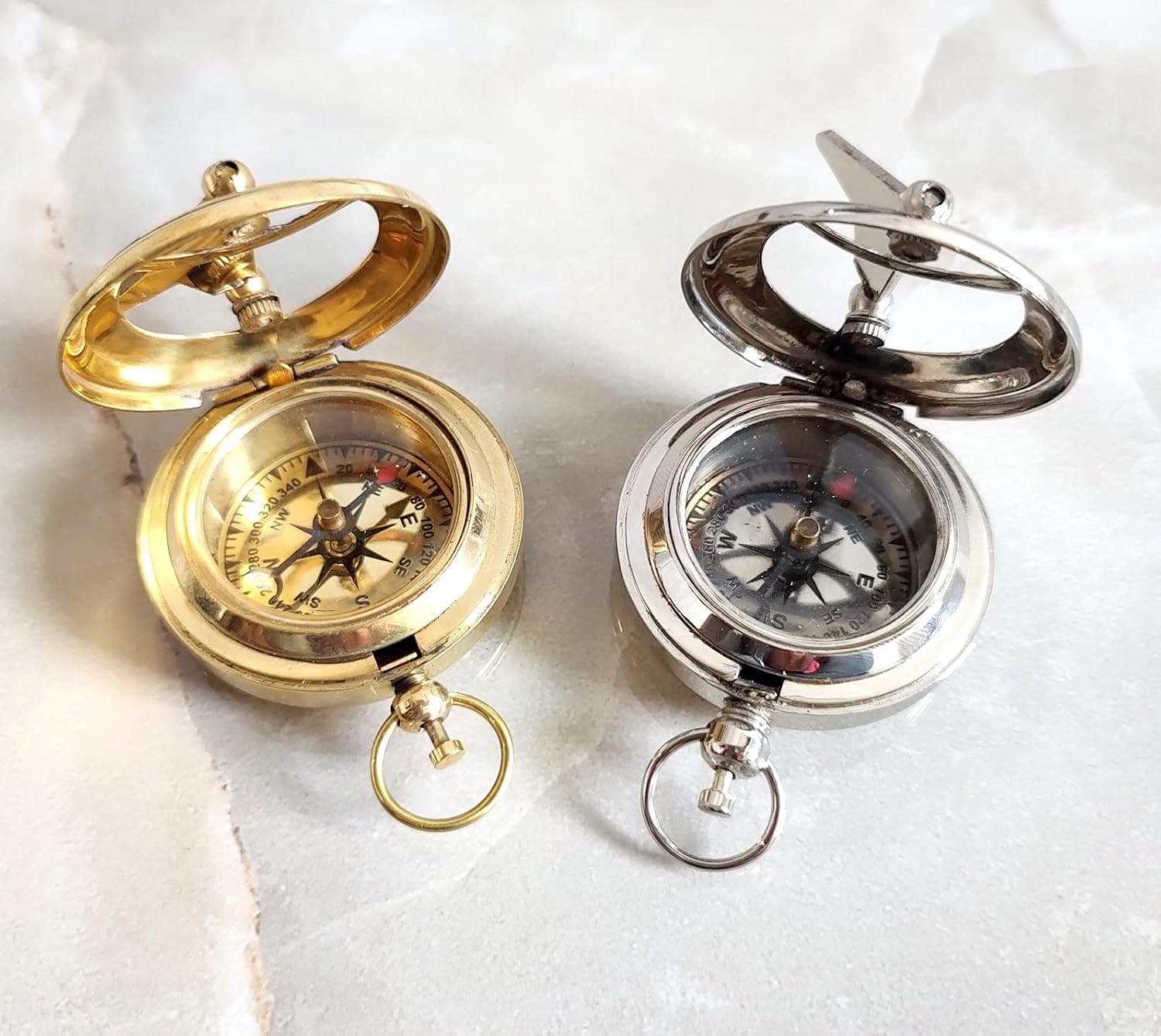 2 Piece Golden & Nicale Polish Solid Brass Push Button Compass & Sundial Size Measures 1.75 Inches in Diameter.