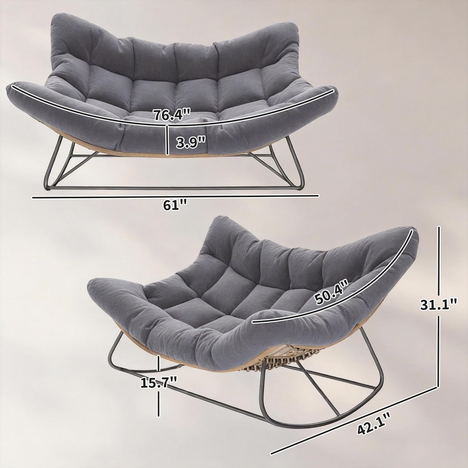 Outsunny Double Papasan Rocking Chair, Wicker Oversized Indoor Outdoor Rocking Chair with Cushion, PE Rattan Padded Outdoor Rocker Egg Chairs for Living Room, Garden, Patio, Balcony, Gray