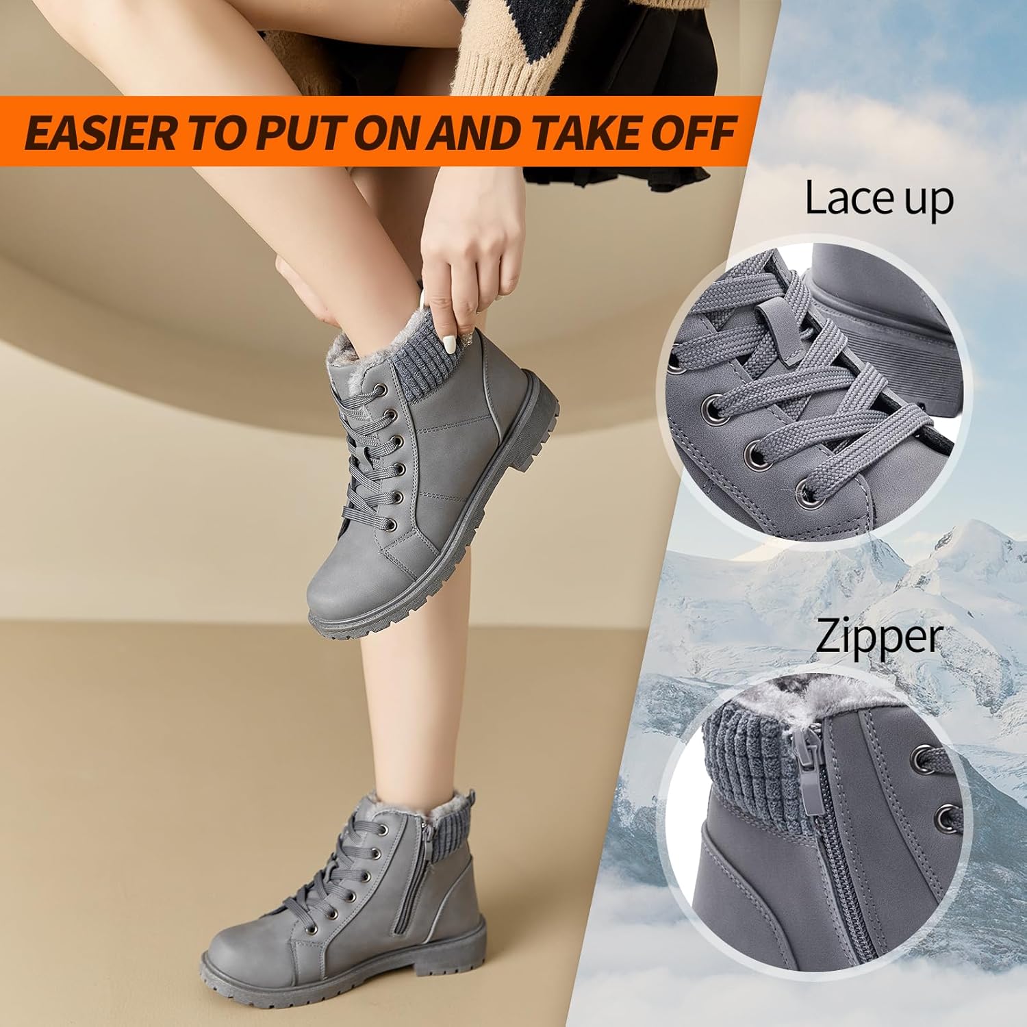 Uoidru Combat Boots For Women Ankle Booties Black Winter Snow Boots White Lace Up Boots Comfort Fuzzy Boot Side Zipper Short Boots - Image 2