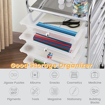 COSTWAY 10-Drawer Rolling Storage Cart, Utility Mobile Trolley with Removable Drawers & Universal Casters & 2 Brakes, Versatile Flexible Drawer Organizer Cart for Home, Office (Clear)