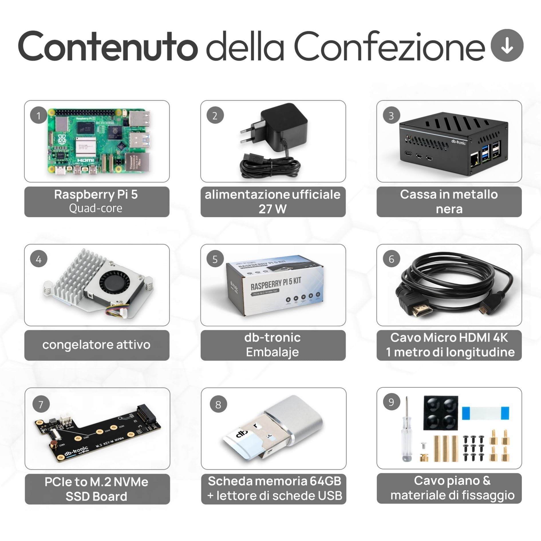 Raspberry Pi 5 8 GB NVMe Kit 64GB Custodia in metallo Scheda PCIe SSD M.2 NVMe Alimentatore 27 W Home Assistant
