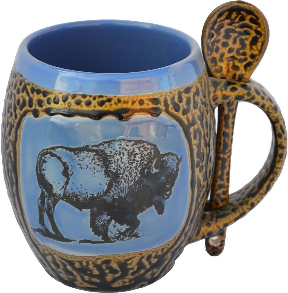ALWAYS AZUL POTTERY Beige Petroglyph Mug with Spoon - Handmade Ceramic Coffee Mug - Stylish and Unique Handcrafted Artistic Drinkware - Polished Clay Cups, Great for Coffee, Tea, and Art Lovers