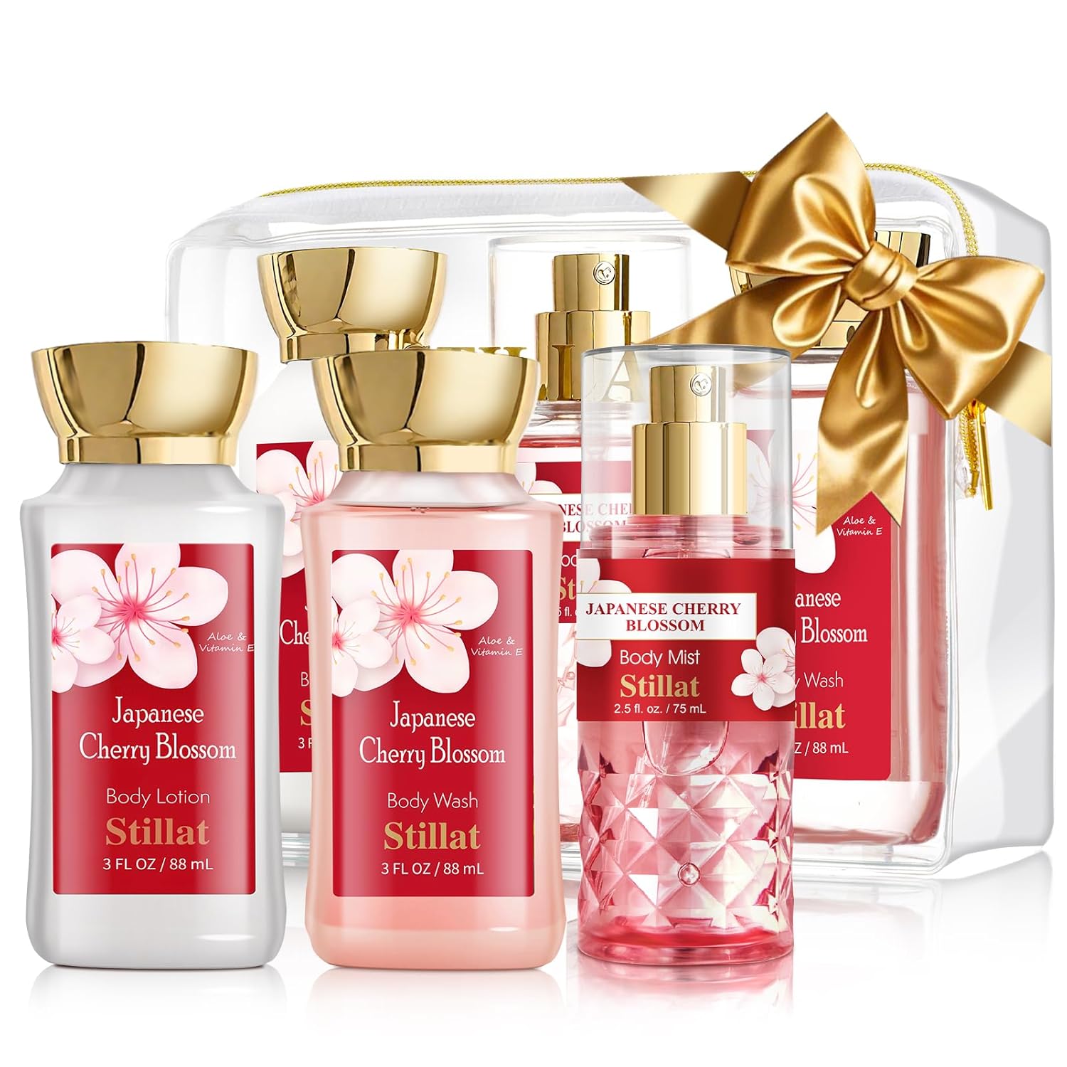 Bath and Body Care Gift Sets, Cherry Blossom Spa Shower Travel Set for Teenager and Her, Including Body Wash, Body Lotion and Fragrance Body Mist, for Birthday Anniversary Wedding Christmas New Year