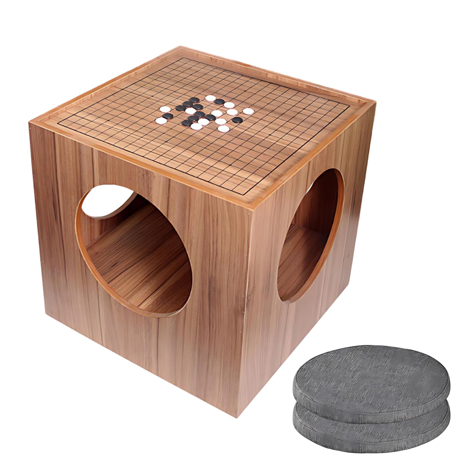 UPLTOE 2-in-1 Chess and Go Table Set, Double-Sided Chess Go Table, Wooden Chessboard 454×454mm (17.87 × 17.87 in), 4-Sided Circular Storage for Pieces, Remote, Books, for Family Board Games B