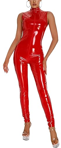 FEOYA- Femme Cuir Combinaison Sexy métallique Catsuit Costume Catwoman discothèque pôle Danse PU Bodysuit Le Maillot de Corps Bodysuit Costumes Stretch avec Fermeture éclair sur Le Devant - Rouge Sans Manches - L