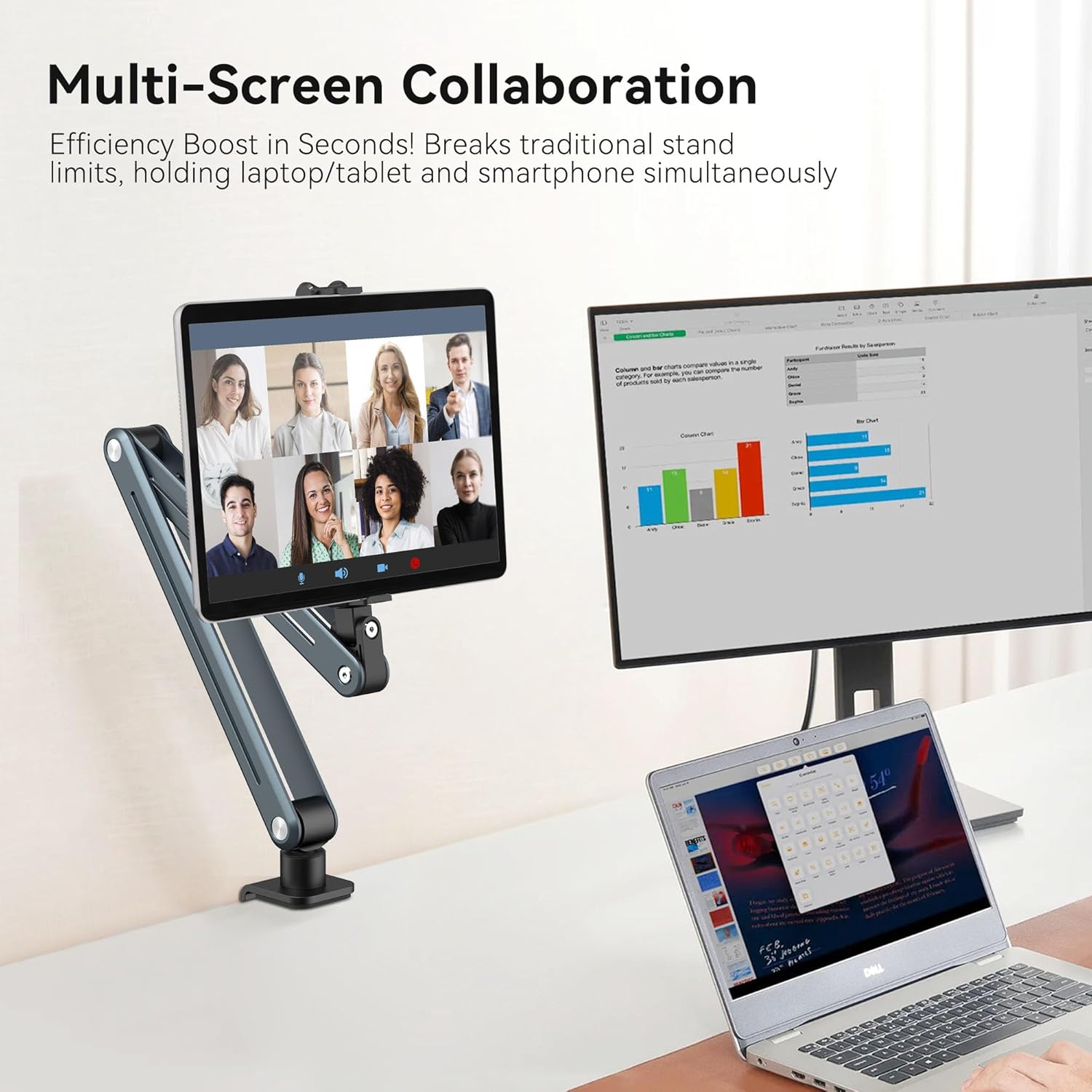 Aluminum Tablet Stand Holder - 360° Adjustable & Foldable Phone iPad Holder for Desk Mount, Dual-Device Desk Clamp for iPad Pro/Air/Mini, Samsung Galaxy Tab, Kindle, Phones 4-13"-931010