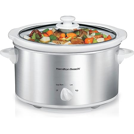 Hamilton Beach 4-Quart Slow Cooker with 3 Cooking Settings, Dishwasher-Safe Stoneware Crock & Glass Lid, Stainless Steel (33140V)