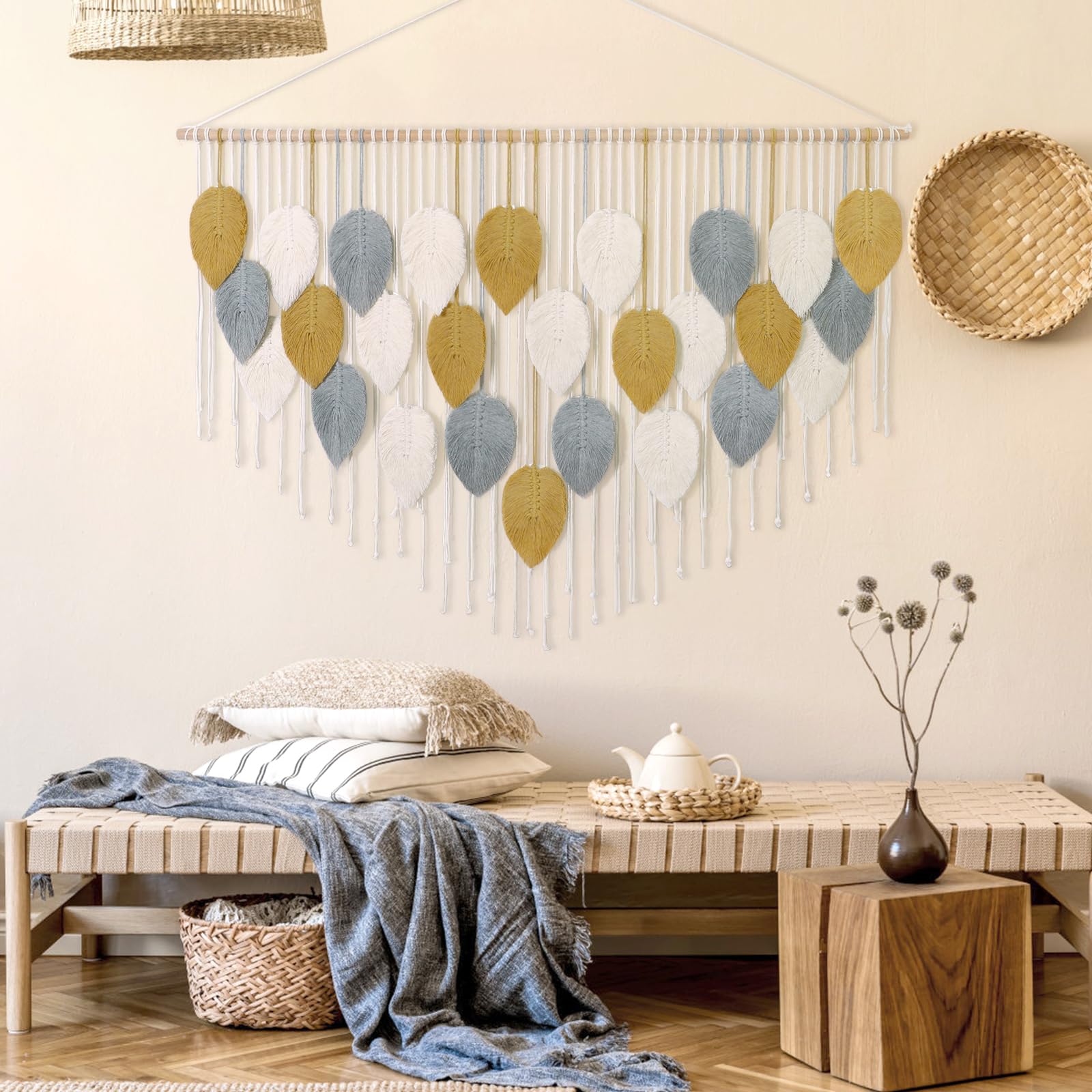 Weldomcor Macrame da Parete in Macramè, Decorazione Bohémien, Decorazione per la Casa, Camera da Letto, 130 x 85 cm（Kaki, Grigio）