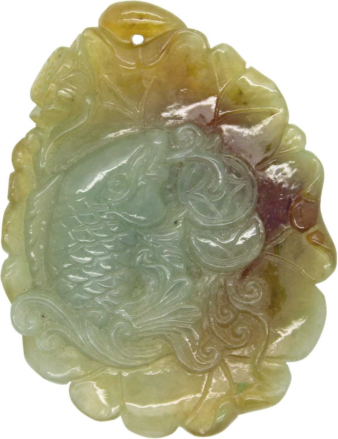 Quality Carved Jade Pendant with Fish Biting Fortune On Lotus Leaf ak174N