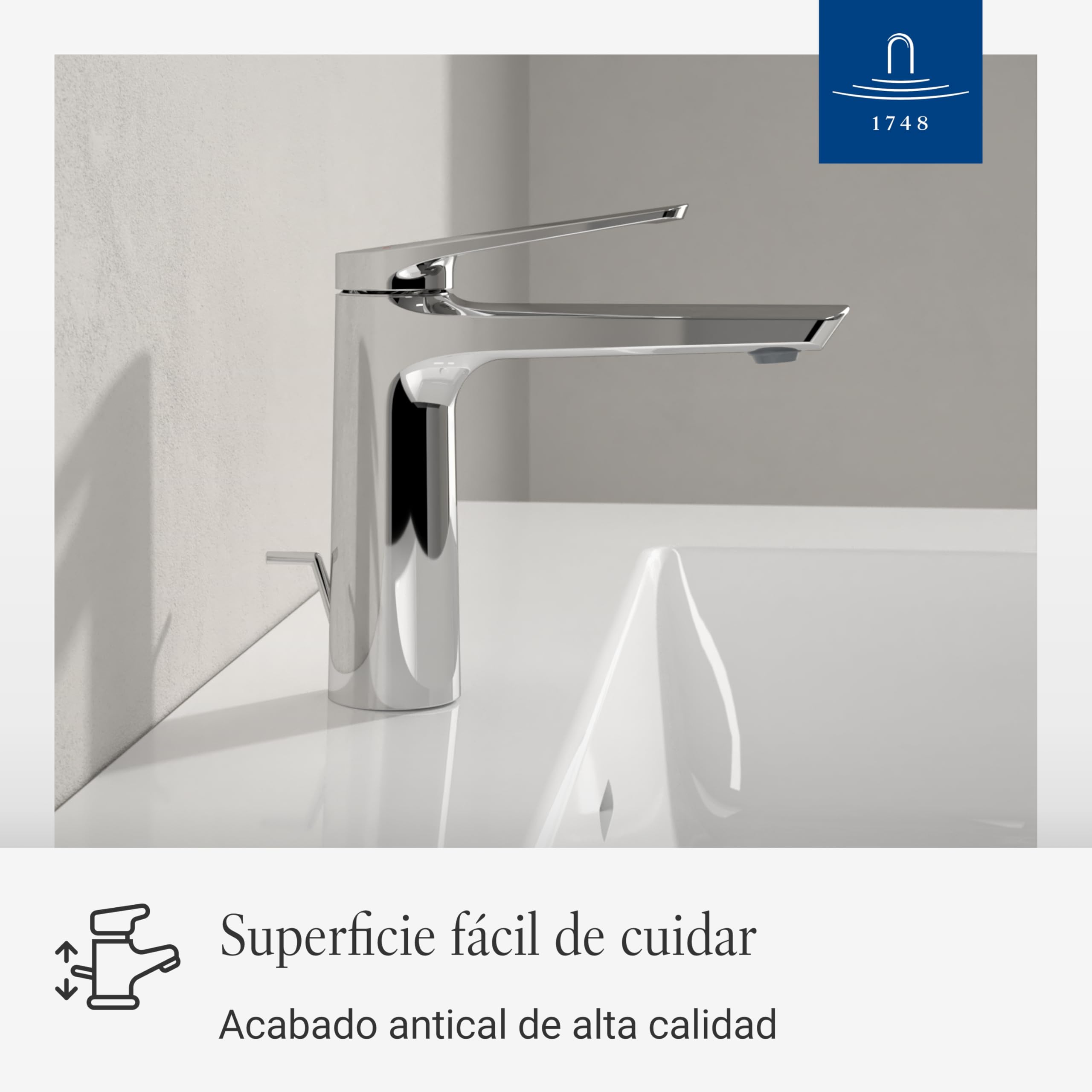 Villeroy & Boch Oasis grifo para lavabo con varilla - Grifería con cartucho cerámico - Grifo de bajo consumo y fácil de limpiar - Altura de caño de 114 mm - Grifo redondo cromado