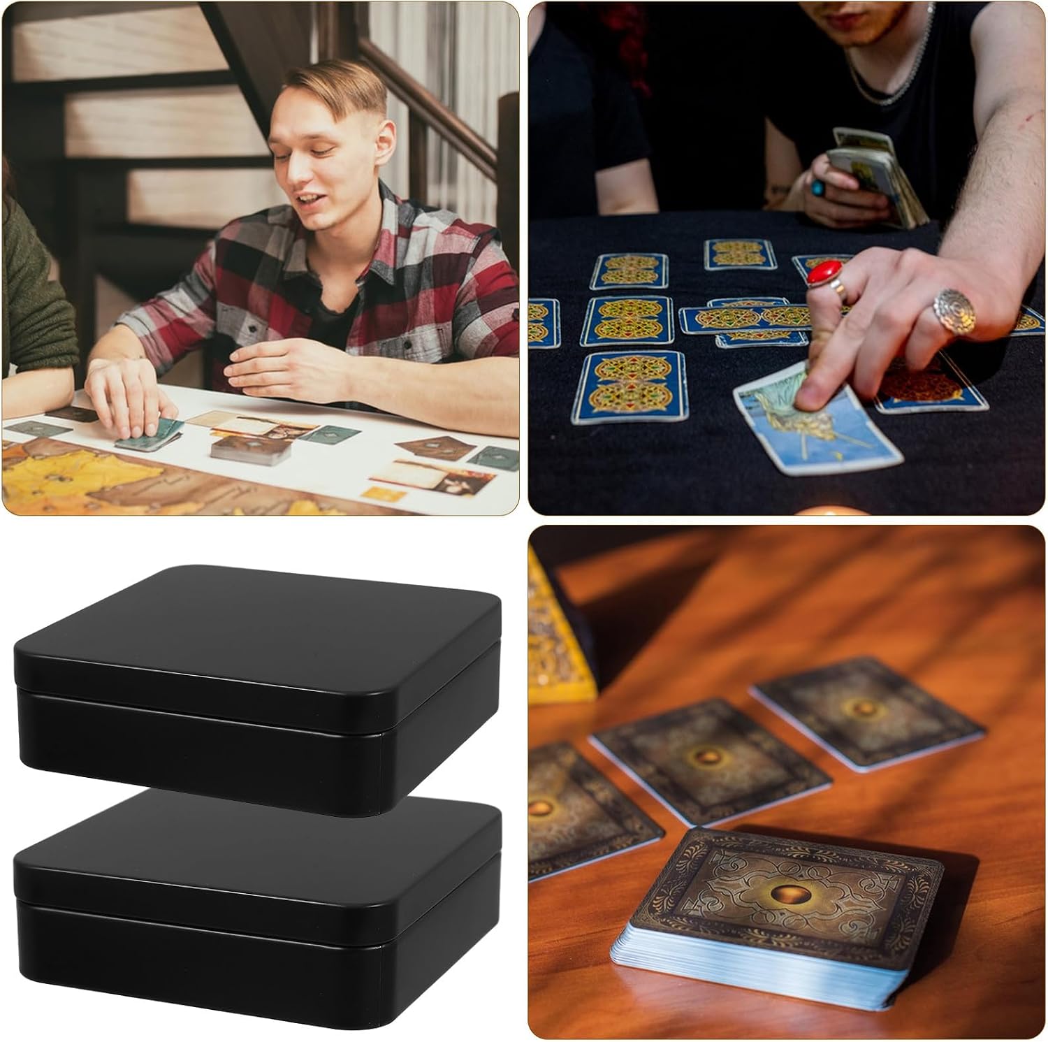 2Pcs Small Metal Tin Box with Lid for Playing Card Storage, Black Tinplate Card Storage Container, Compact Travel Organizer for Collectible Games (110X110X33Mm) image 3