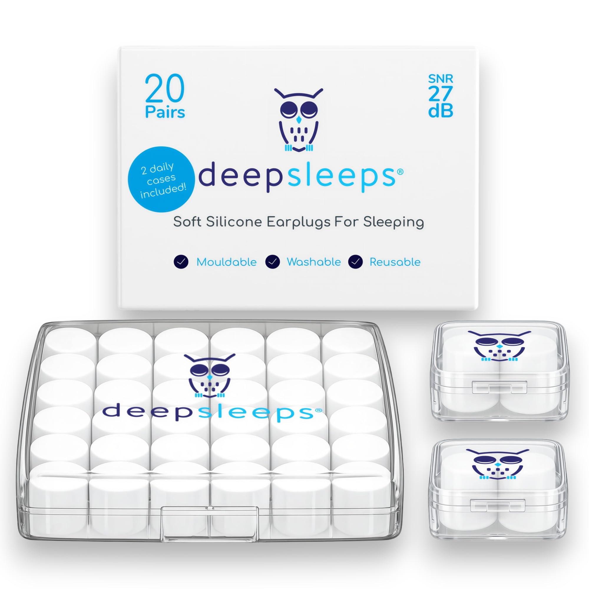 Silicone Ear Plugs for Sleeping 20 Pairs + 2 Daily Cases Reusable Soft Waterproof Noise Cancelling Premium Moldable Earplugs for Sleep Travelling Studying Noise Reduction Deep Sleeps