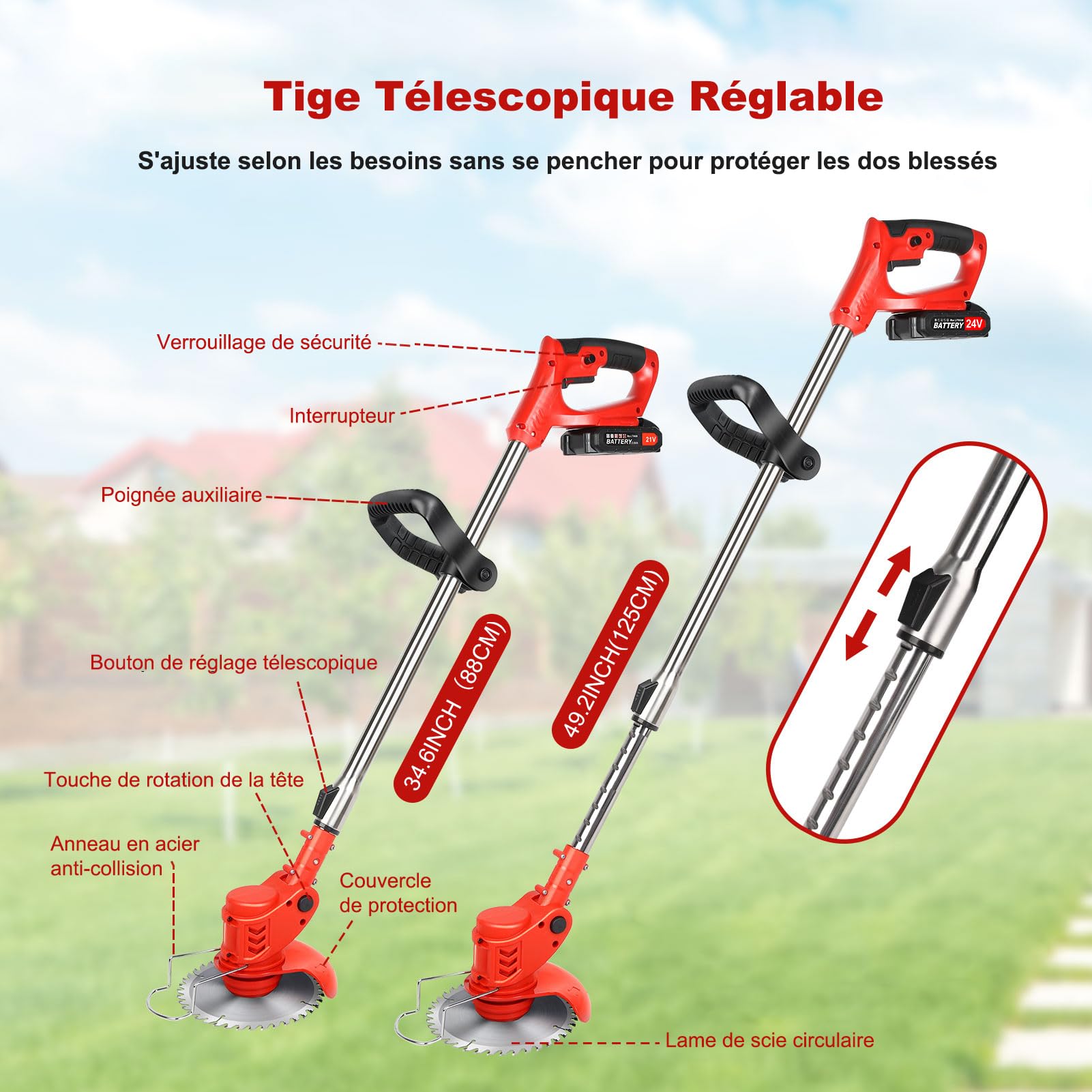 Lacoco Débroussailleuse Électrique sans Fil Coupe Bordure à Batterie Tondeuse à Gazon Puissant Poignée Télescopique 3 Types de Lames Tête Pivotante à 90°avec 2 * 2.0AH Batteries pour Jardin Court