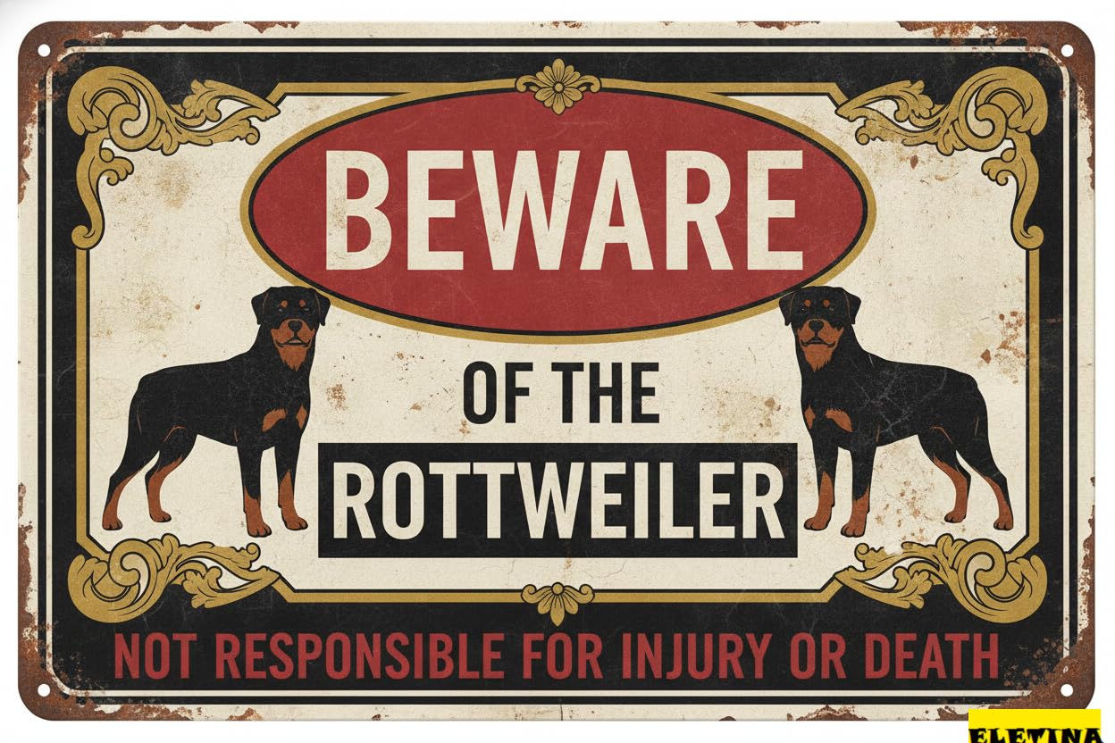 Tin Sign for Man Cave Beware Of The Dog Rottweiler Aluminum Metal Tin S Outdoor Yard Warning Fence Yard Home Kitchen Farm Garden Wall Decor 8x12 Inch Private Property Decorative