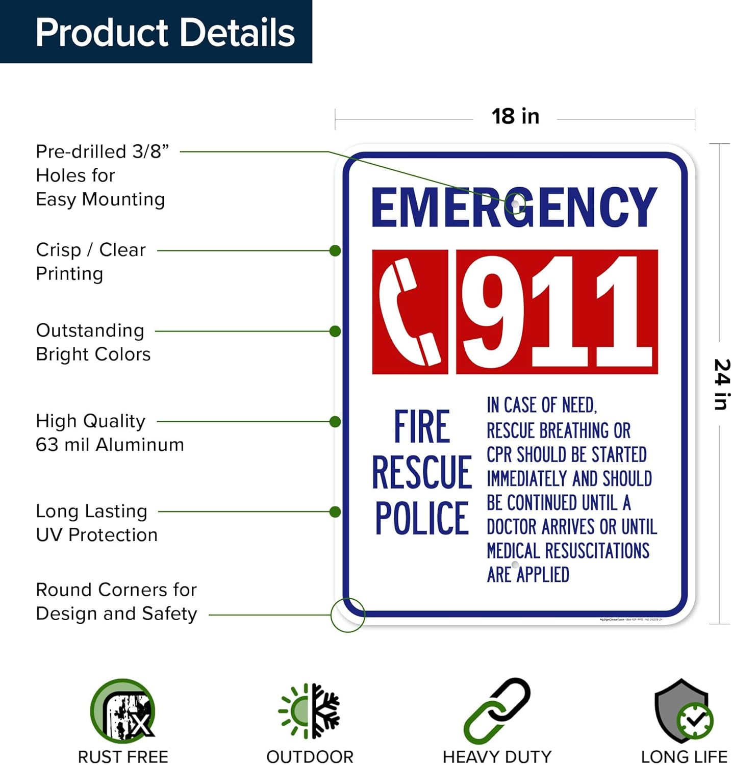 Emergency 911 Fire Rescue Police Sign, 18x24 Inches, Rust Free .063 Aluminum, Fade Resistant, Made in USA by My Sign Center