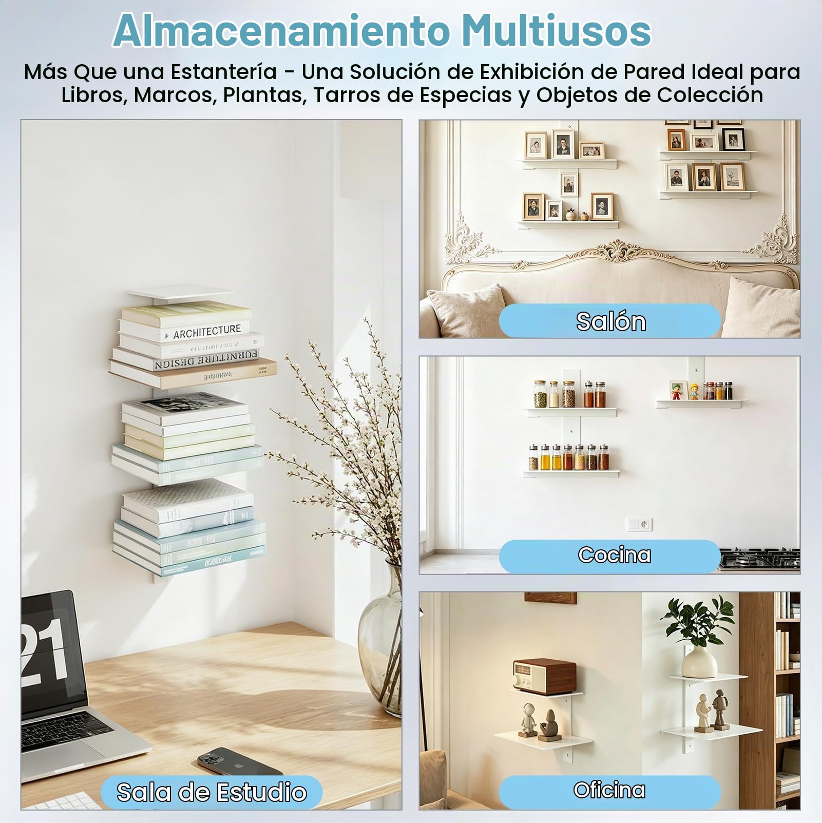 Estantería Flotante Invisible 4 Piezas para Libros y Decoración, 8 Pisos