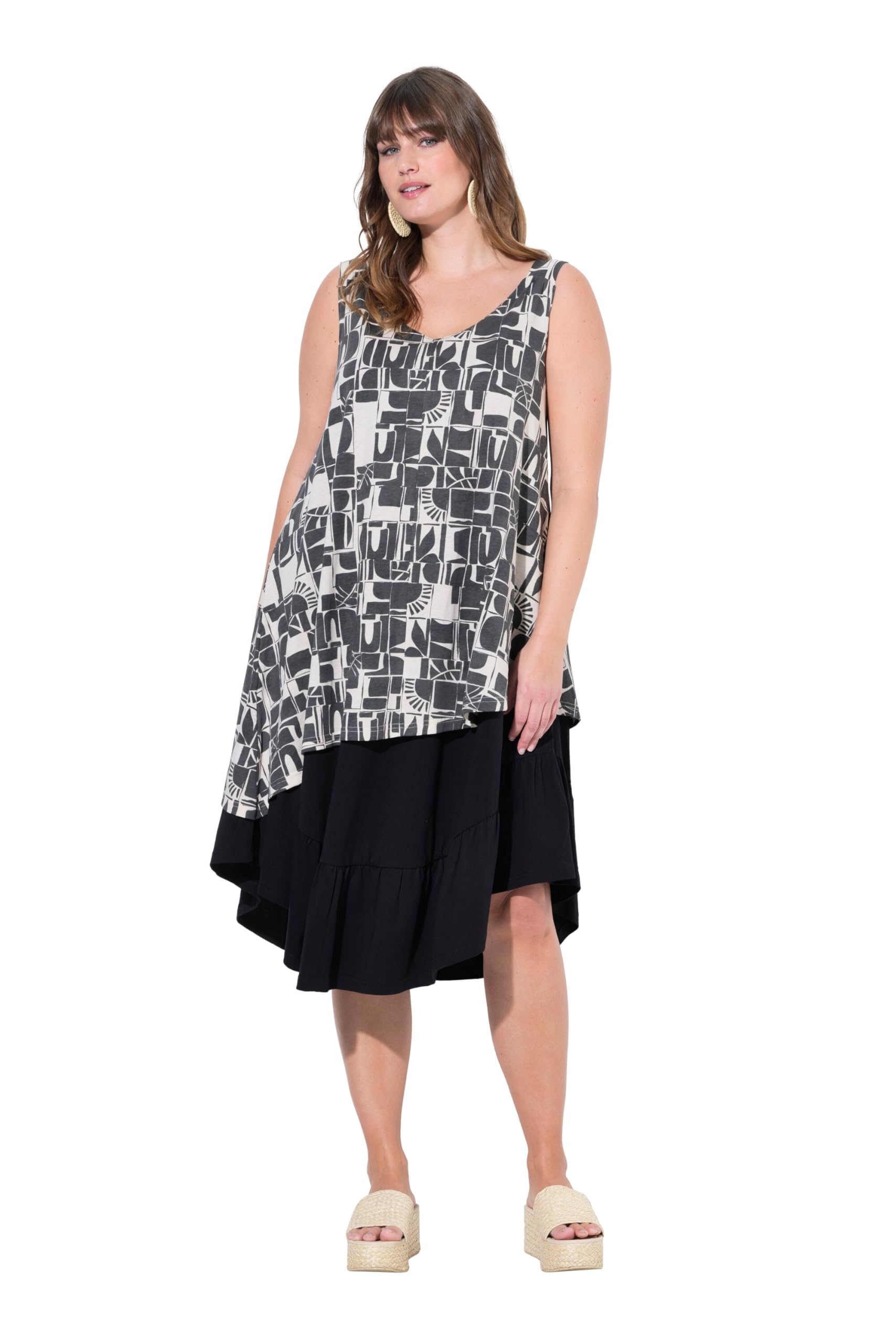 Ulla Popken Damen große Größen Übergrößen Plus Size Jerseykleid, Sonnen, V-Ausschnitt, ärmellos, Biobaumwolle 837484