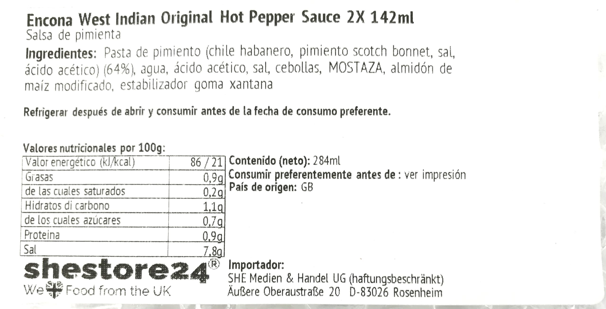Encona West Indian Original Hot Pepper Sauce Salsa de pimienta 2x 142ml - importado de Shestore24