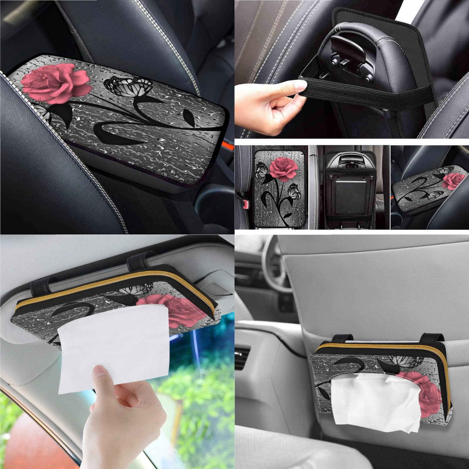 Xoenoiee Juego completo de fundas universales para asiento de auto, incluye soporte para gafas de sol, soporte para gafas de sol, funda para volante, almohadillas para cinturón de seguridad, llaveros