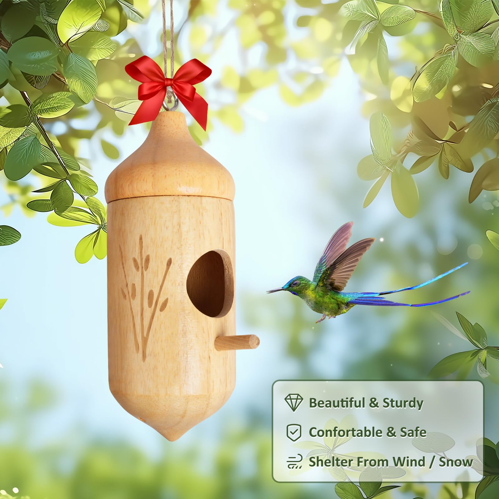 Domek dla kolibrów, drewniane domki dla kolibrów do zawieszenia na zewnątrz, huśtawka gniazda kolibra, drewniane domki dla ptaków z bawełną, kokardą, sznurkiem, koliber ogrodnictwo prezenty dekoracja