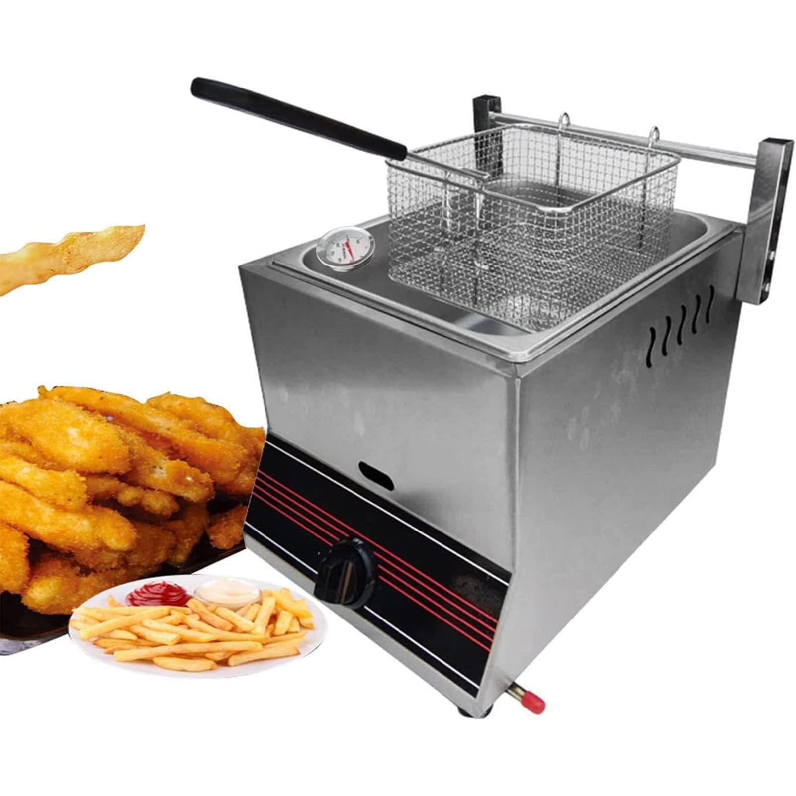 Freidora de gas comercial, freidora de gas profesional, acero inoxidable, freidora doble de gran capacidad de 6 litros, con cestas extraíbles, para restaurante, hogar, cocina comercial