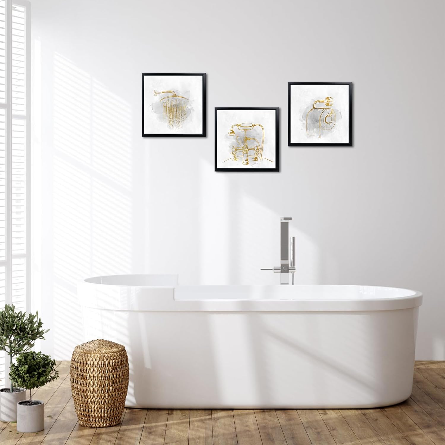 HOMEOART Gold Grey Bathroom Wall Art Bathroom Decor Picture, Set of 3, Black Frame 12x12 inch