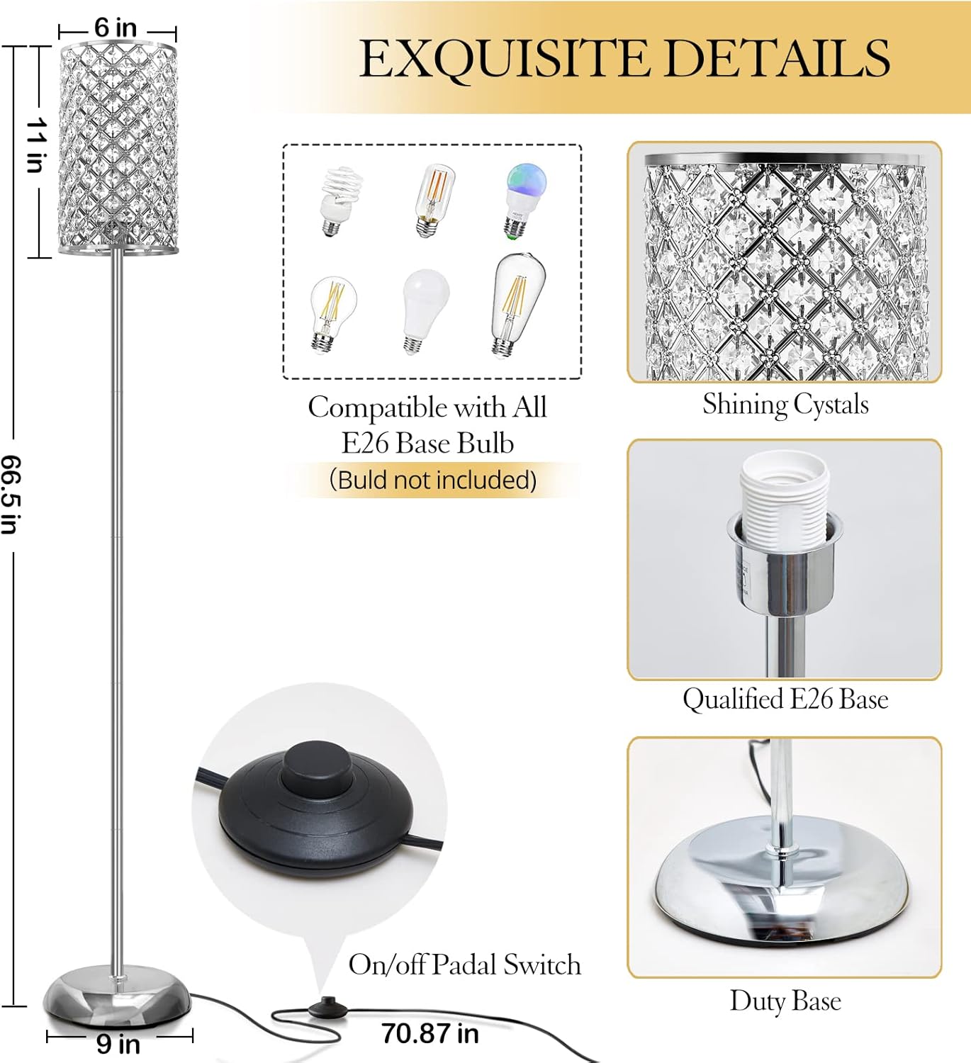 GyroVu Crystal Floor Lamp, Elegant Standing Lamp Modern Floor Lamp Silver Finish Tall Pole Lamp Accent Light with On/Off Foot Switch for Living Room, Girl Bedroom, Dresser, Office