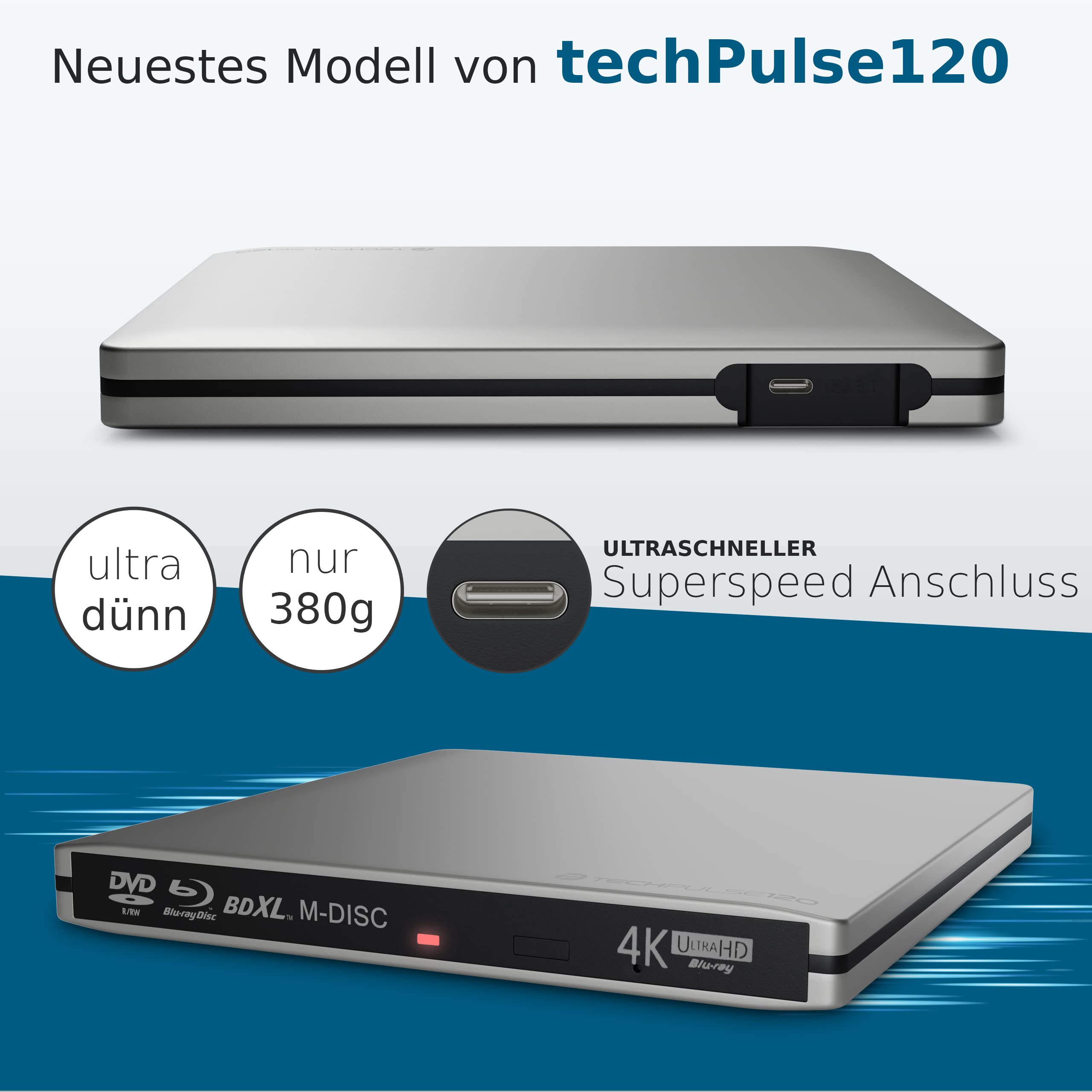 techPulse120 externes USB 3.1 Typ-C UHD HDR 4k 3D MDisc BDXL Silber V10