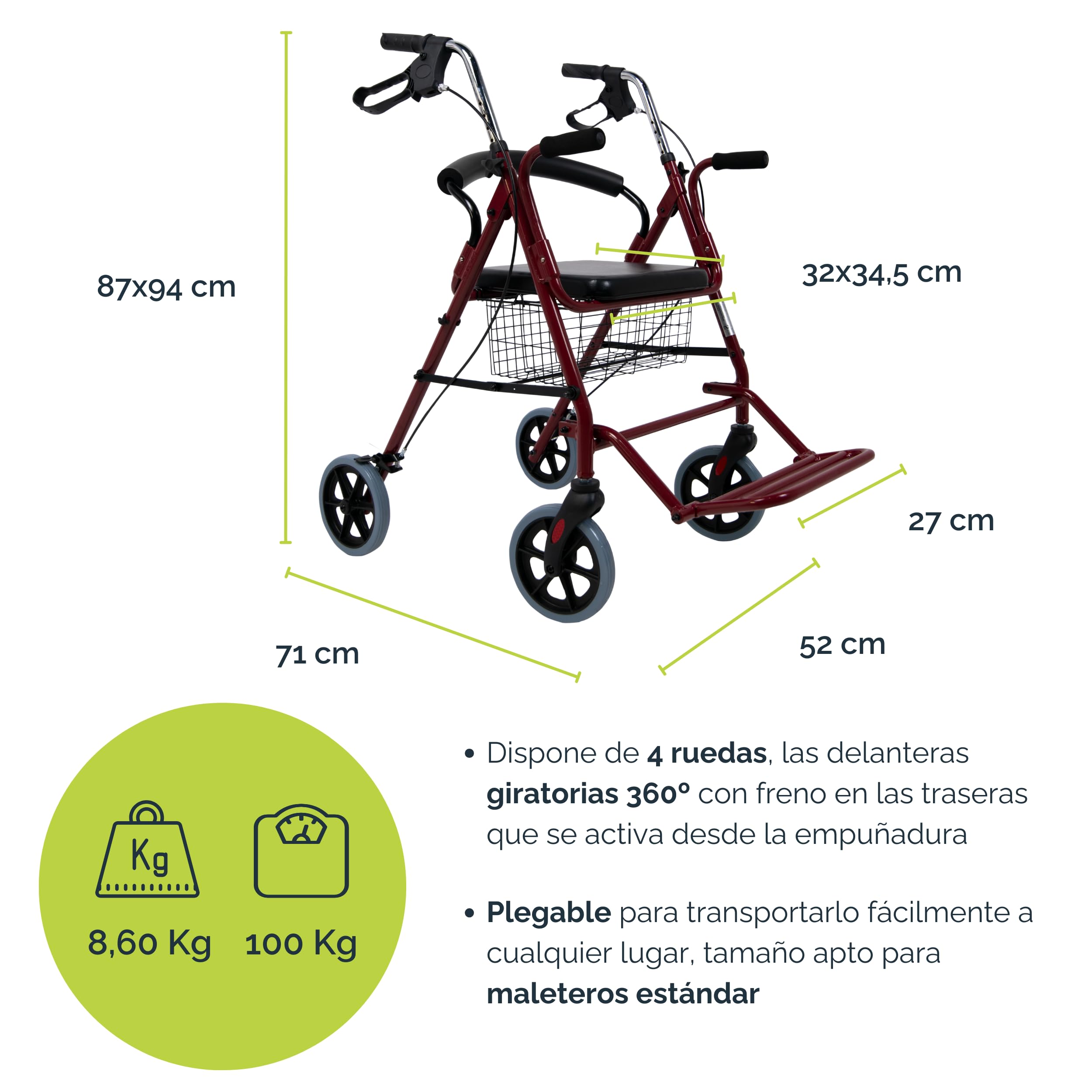 Sanitec - Silla Rollator con Frenos en Empuñadura | Andador para Ancianos Plegable | Andadores Adultos con Estructura de Aluminio | Andador con Asiento, Cesta y Reposapiés | Andadores para Ancianos