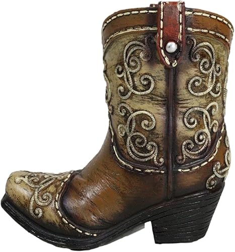 Miniatura 3 de Ebros Gift Botas vaqueras rústicas occidentales en cuero sintético marrón con desplazamientos decorativos papelería lápiz maquillaje herramientas