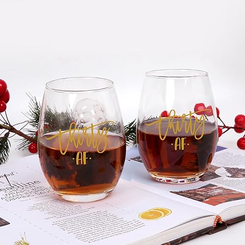 Miniatura 6 de Jogskeor Copa de vino divertida con 30 AF, copa de vino sin tallo de treinta cumpleaños para ella, mujeres, hermana, mamá, mejor amiga, regalo de