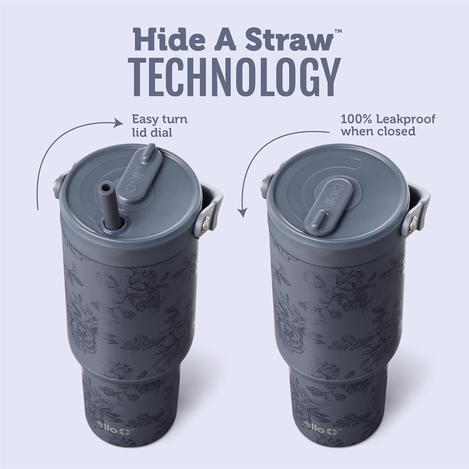 Ello Oasis Go+ 32oz Tumbler with Top Handle and Retracting Straw | Reusable Insulated Stainless Cup, 100% Leakproof Water Bottle, 24 Hours Cold, Cup Holder Friendly For Travel | Porcelain Rose Navy