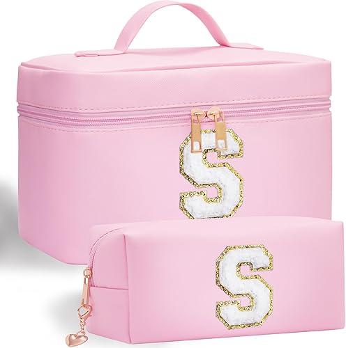 Bolsa de maquillaje con inicial, 2 bolsas de maquillaje con iniciales para mujeres y niñas, bolsa de cosméticos personalizada con monograma