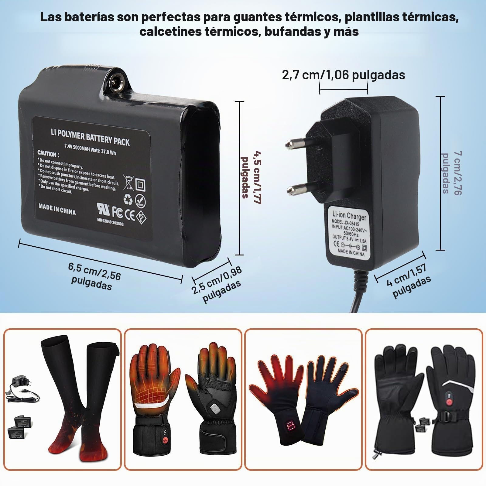 2 baterías Recargables de polímero de Litio de 7,4 V, 5000 mAh, 37 WH y Cargador para Guantes, Calcetines, Gorros, pasamontañas, Plantillas, Ropa Interior térmica y Mitones.