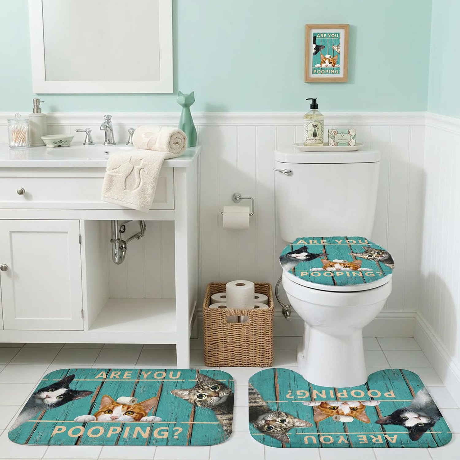Mocsicka Vintage Funny Cat Shower Curtain Set Retro Green Plank Door Farmhouse Black Cat Bath Decor Set Funny Bath Curtain Set with Anti-Slip Waterproof Bathtub Bathroom Rugs Toilet Lid Cover