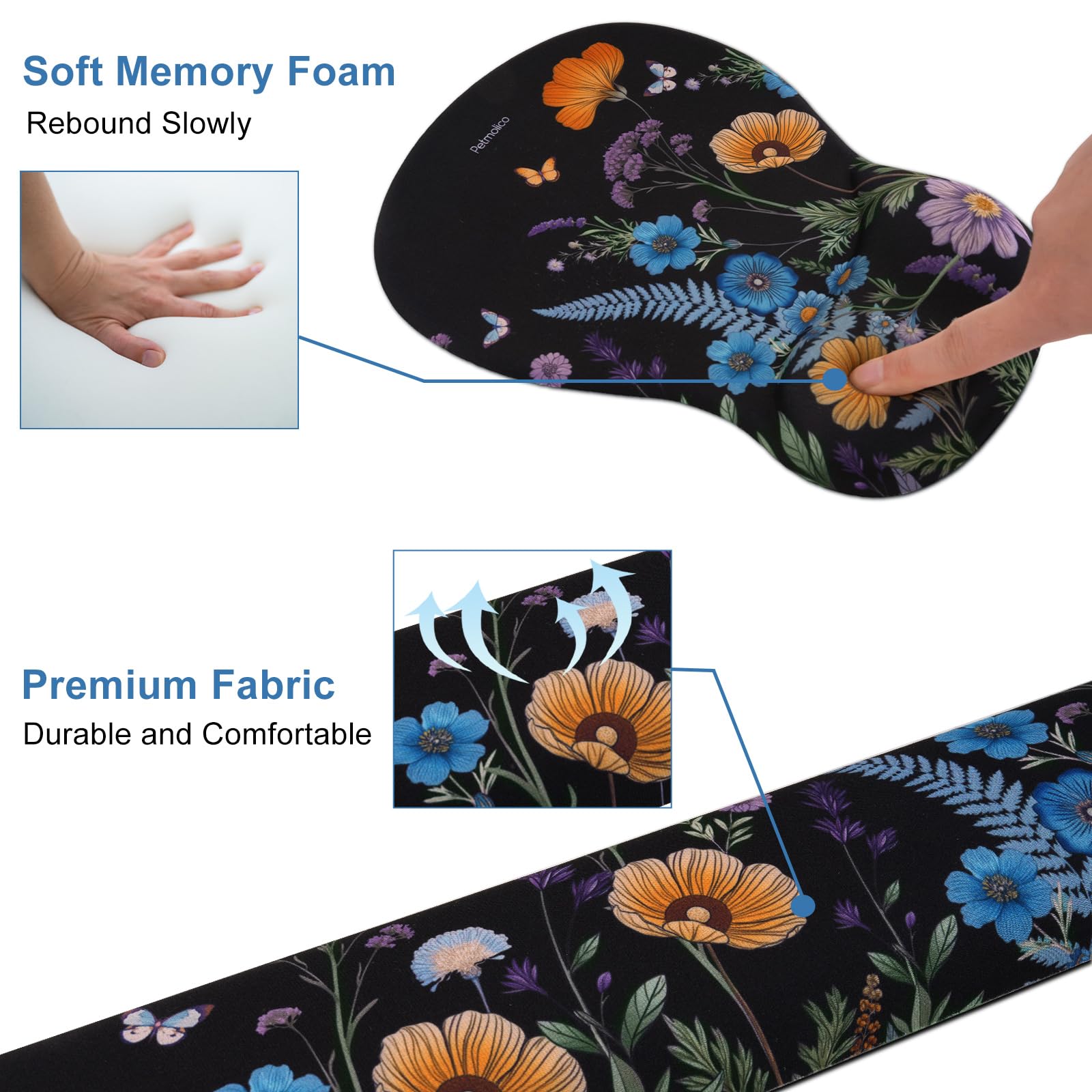 Petmolico Grand repose-poignet pour clavier 4 en 1 - Support de poignet pour ordinateur - Design ergonomique - Motif floral noir, orange et bleu