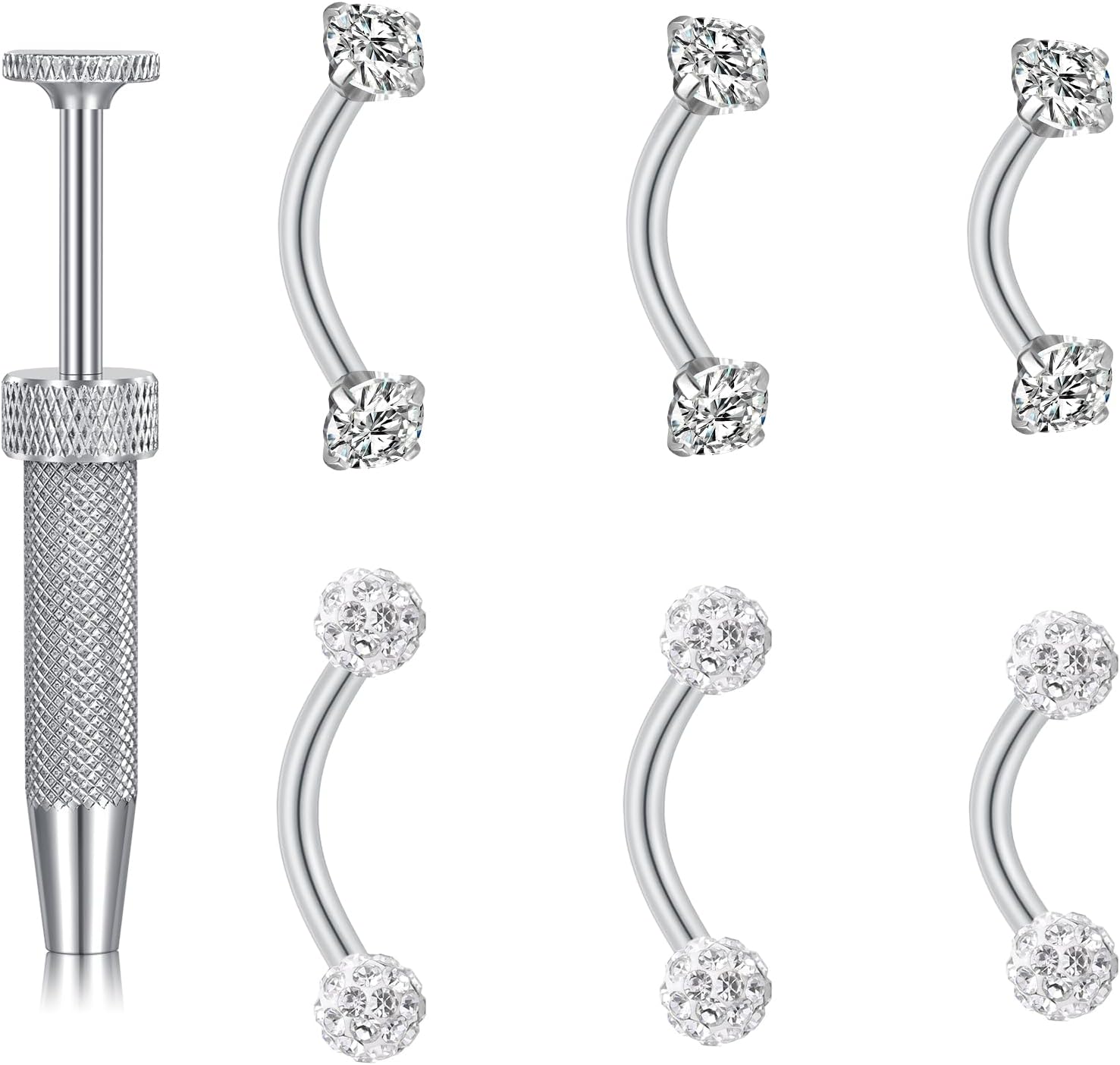 FECTAS 6PCS Curved Barbell Piercing Jewelry with 1 Piercing Tool, 16G Surgical Steel Eyebrow Rook Rings with 2 Styles Ball Tops, 6/8/10mm Lengths image 5