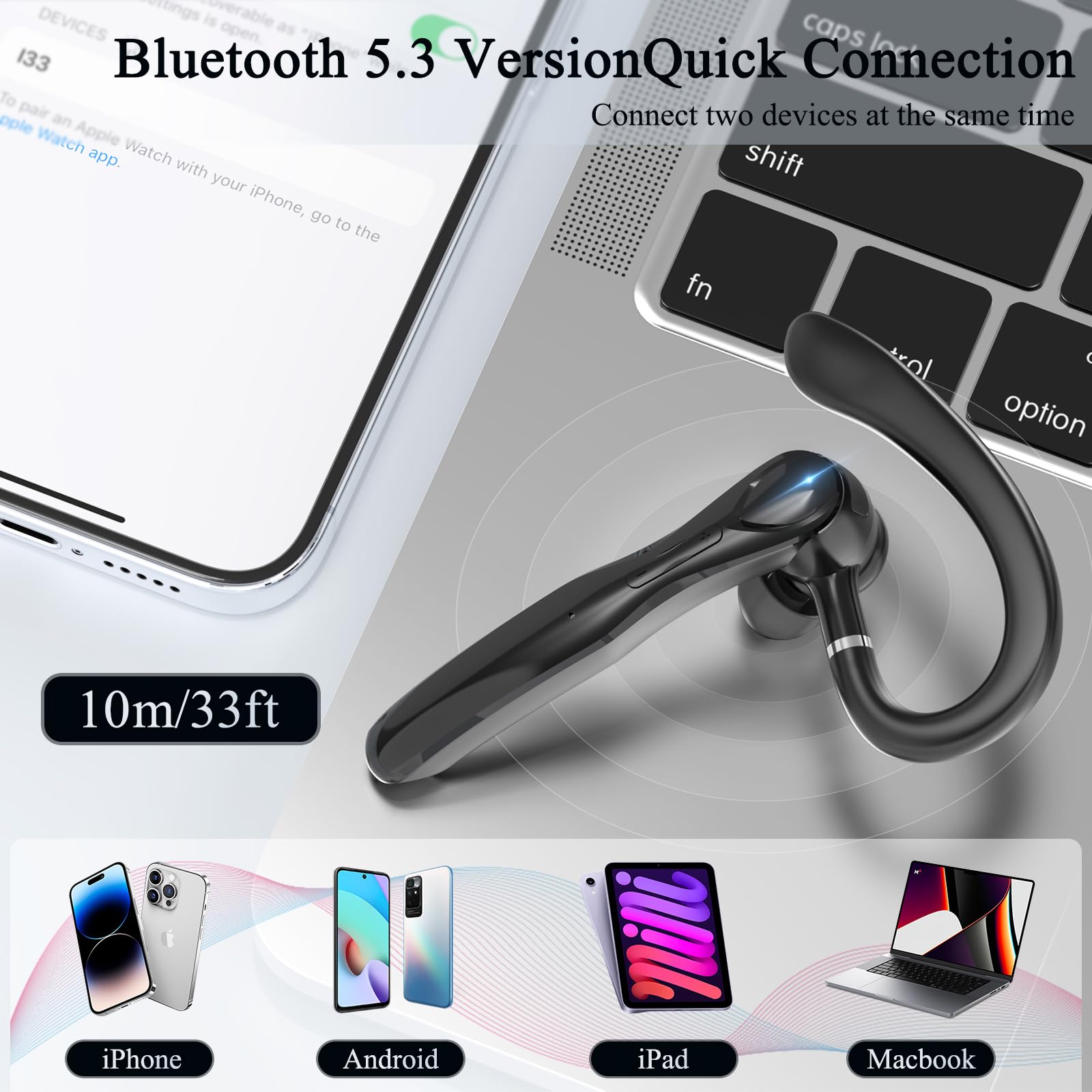 Sisism Bluetooth Headset, Wireless Bluetooth Earpiece with 400mAh Charging Case 50 Hours Talking Time Built-in Microphone for iOS Android Cell Phone, V5.3 Hand-Free Headphones for Trucker, Office — view 7